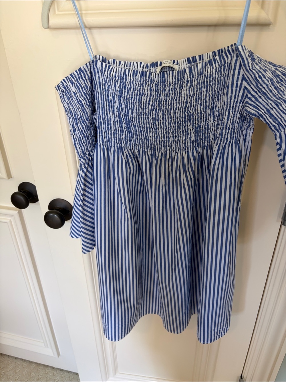 Zara Striped Blue Off-Shoulder Smocked Shirt